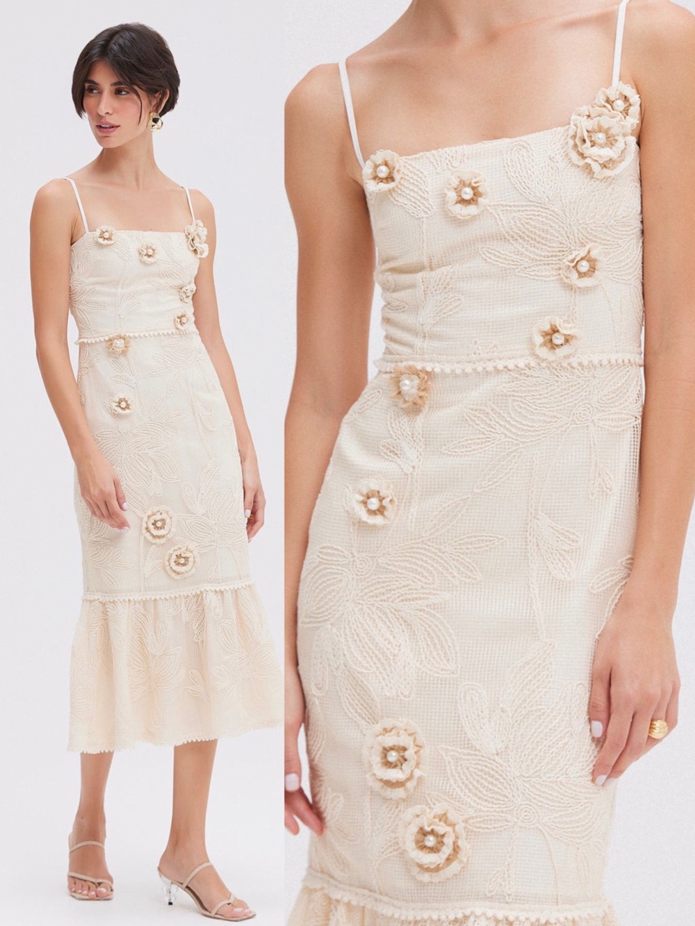 NWT PatBO Joy Lace Midi Dress Embroidered Floral Appliqué Beige Womens 8 $725